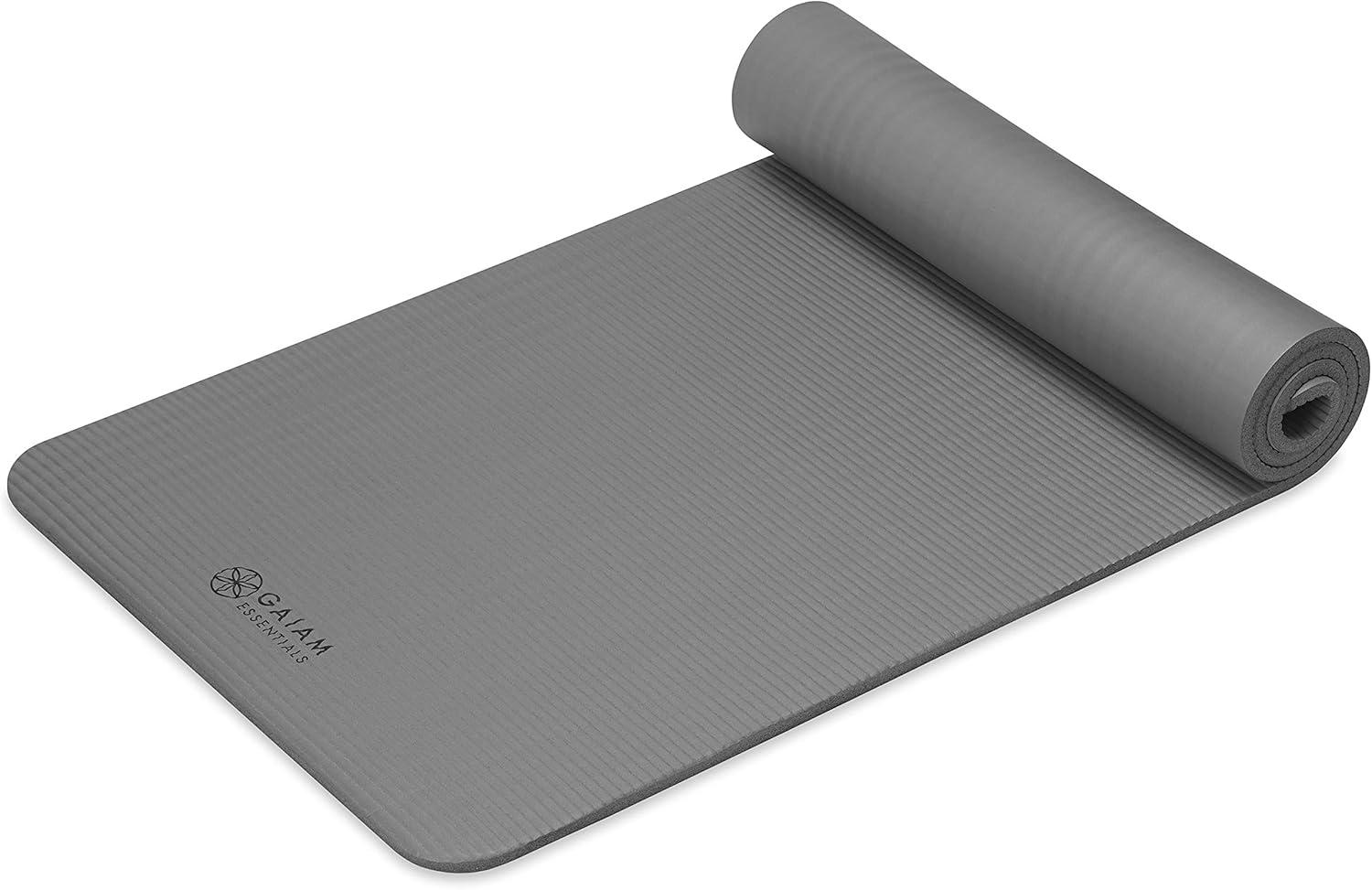 imageGaiam Essentials 25quot Thick 10mm Yoga ampamp Pilates Fitness ampamp Exercise Mat with EasyCinch Carrier Strap Cushion Support For Fitness and Gym WorkoutsGrey