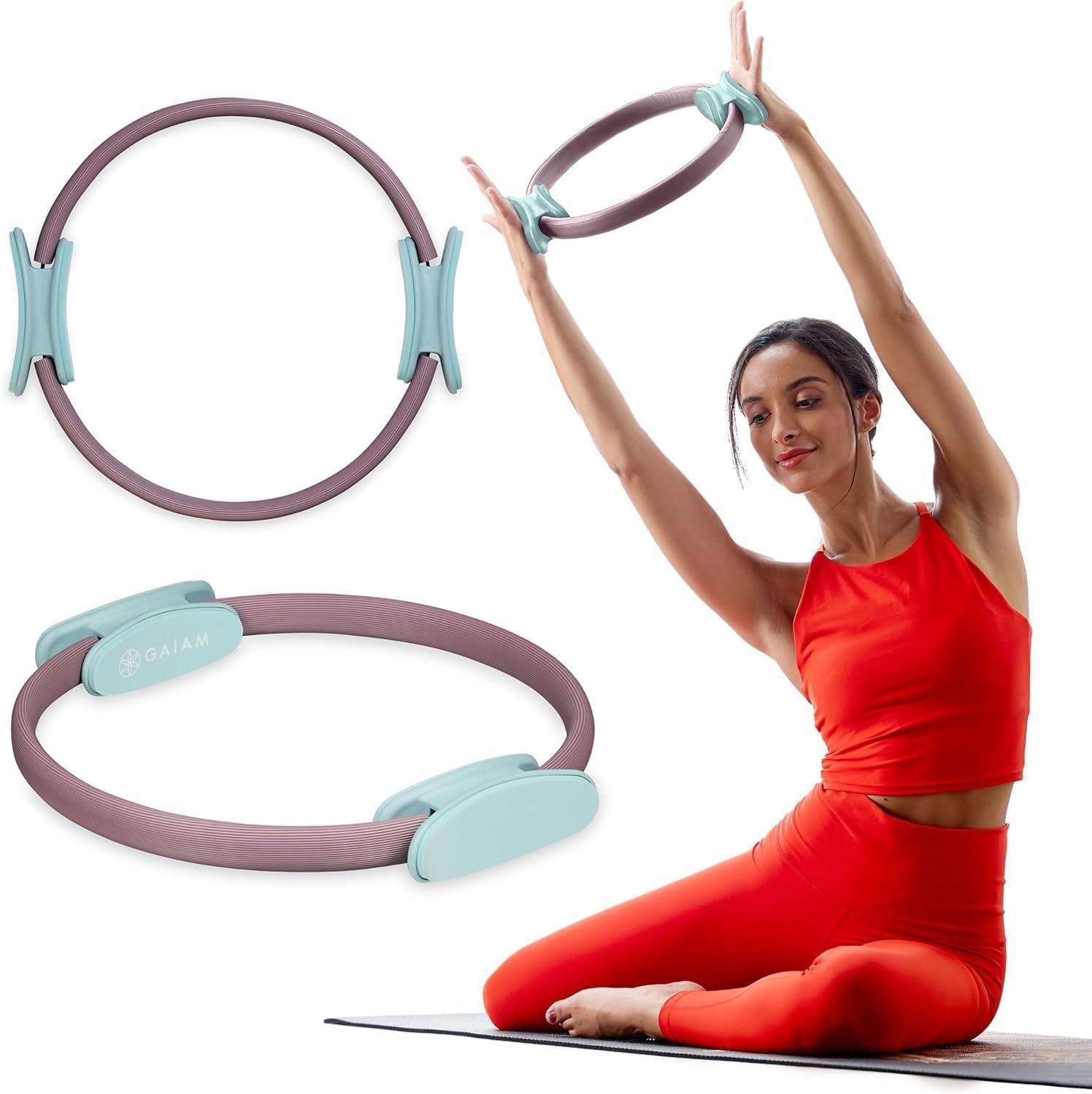 imageGaiam Pilates Ring Fitness Circle Lightweight ampamp Durable Foam Padded Handles Flexible Resistance Exercise Equipment for Toning Arms ThighsLegs ampamp CoreDusty PinkSeafoam