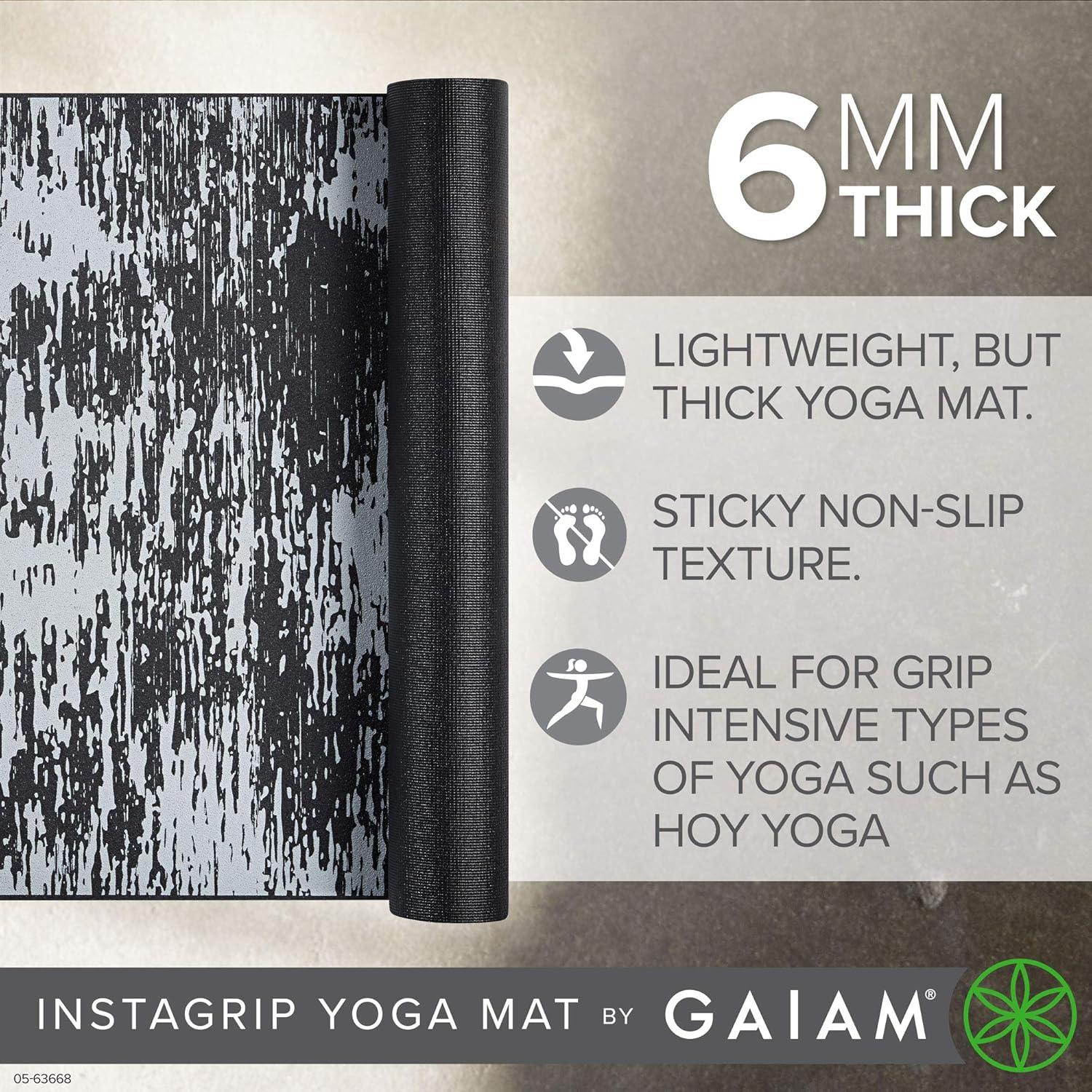 imageGaiam Yoga Mat  6mm InstaGrip Extra Thick ampamp Dense Textured Non Slip Exercise Mat for All Types of Yoga ampamp Floor Workouts 68quot L x 24quot W x 6mm ThickObsidian