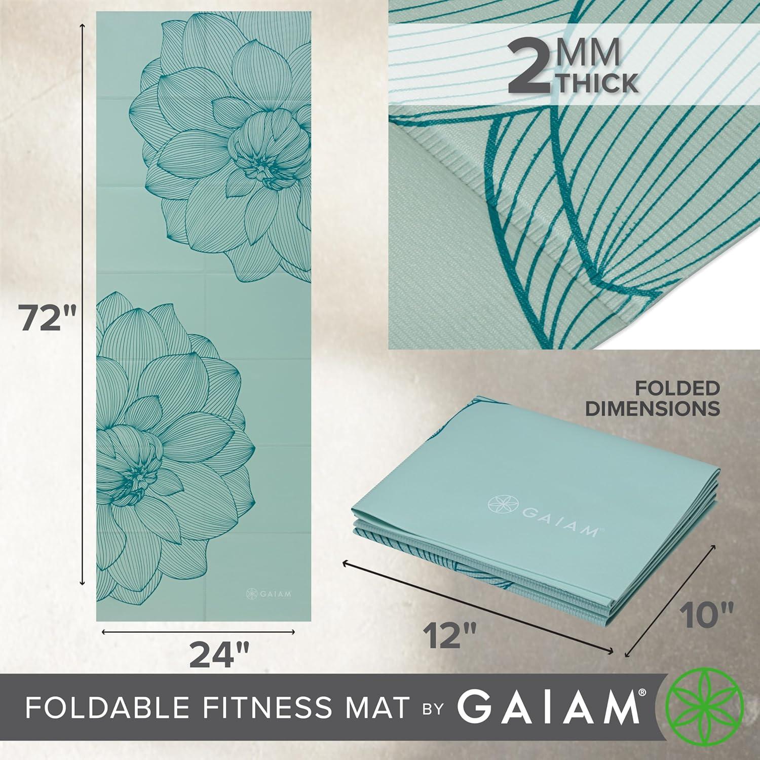 imageGaiam Yoga Mat Folding Travel Fitness ampamp Exercise Mat Foldable Yoga Mat for All Types of Yoga Pilates ampamp Floor Workouts 68quotL x 24quotW x 2mm ThickSerene Dahlias