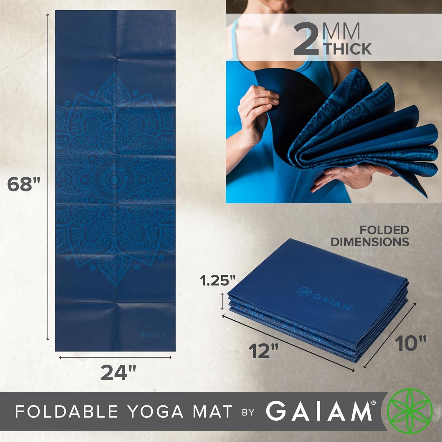 imageGaiam Yoga Mat Folding Travel Fitness ampamp Exercise Mat Foldable Yoga Mat for All Types of Yoga Pilates ampamp Floor Workouts 68quotL x 24quotW x 2mm ThickBlue Sundial