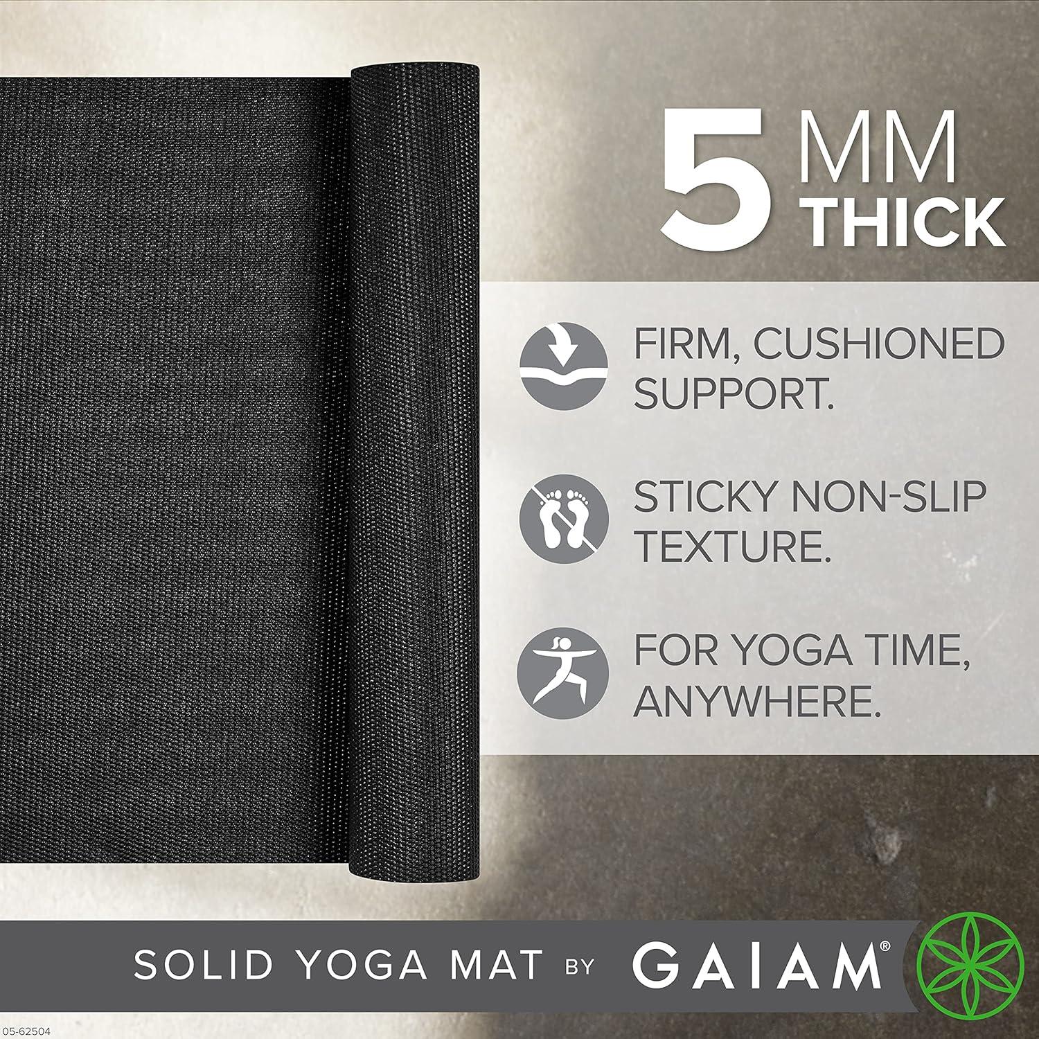 imageGaiam Yoga Mat Premium 5mm Solid Thick Non Slip Exercise ampamp Fitness Mat for All Types of Yoga Pilates ampamp Floor Workouts 68quot x 24quot x 5mmBlack