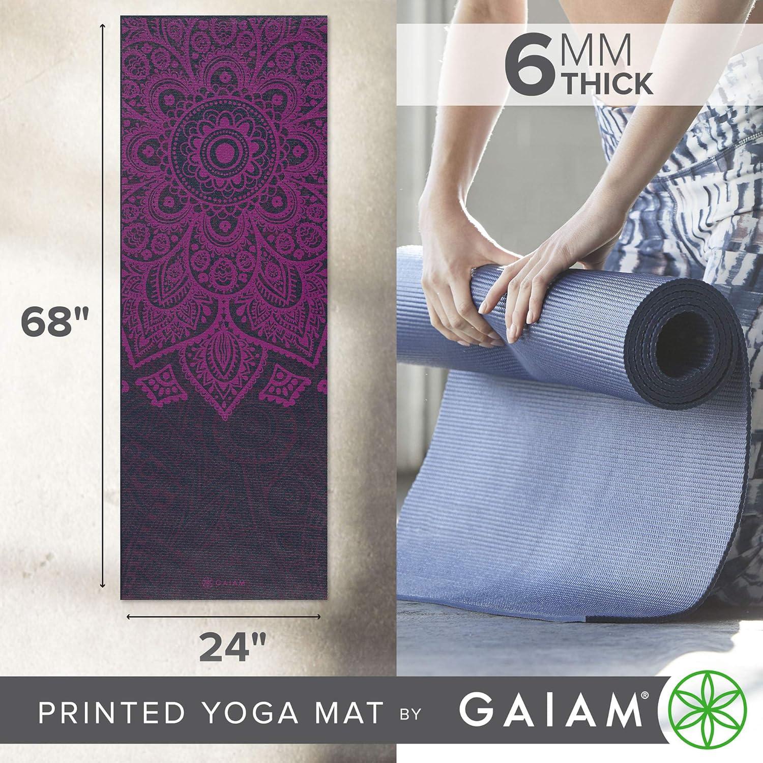 imageGaiam Yoga Mat Premium 6mm Print Extra Thick Non Slip Exercise ampamp Fitness Mat for All Types of Yoga Pilates ampamp Floor Workouts 68quotL x 24quotW x 6mm ThickPlum Sundial Layers