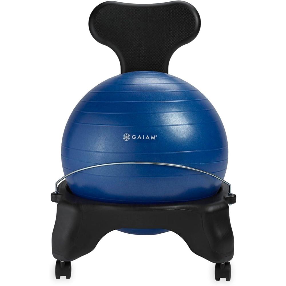 imageGaiam Classic Balance Ball Chair Ergonomic Stability Chair for Desk ampamp Office Yoga Ball Seat with Base Air Pump ampamp Exercise Guide Improves Posture ampamp Core Strength 300 lb CapacityBlue
