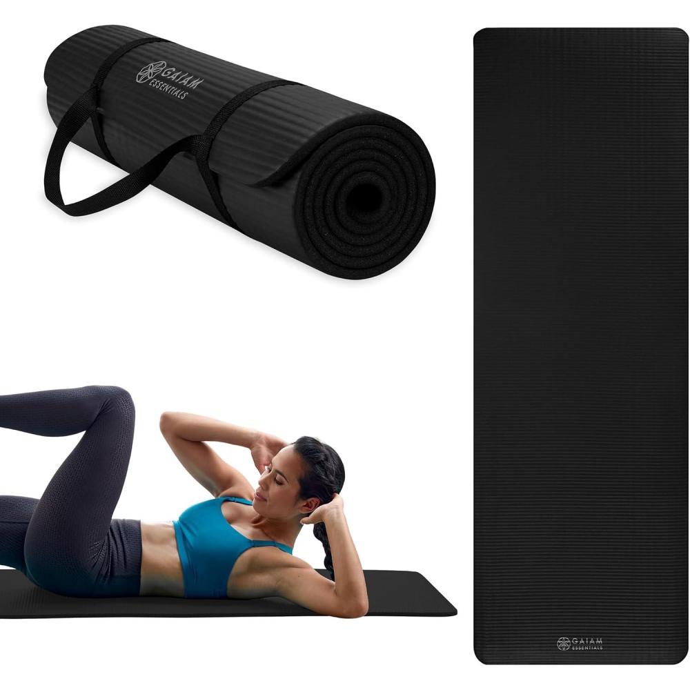 imageGaiam Essentials 25quot Thick 10mm Yoga ampamp Pilates Fitness ampamp Exercise Mat with EasyCinch Carrier Strap Cushion Support For Fitness and Gym WorkoutsBlack