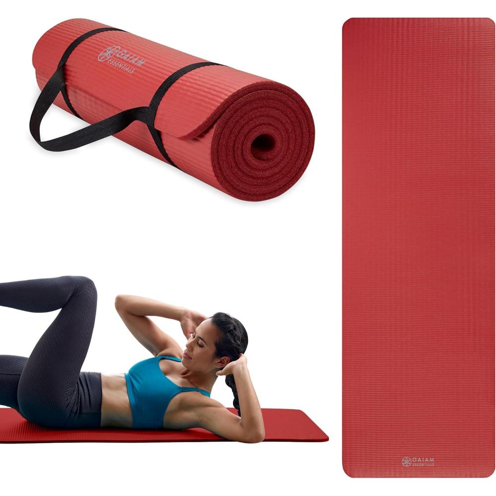 imageGaiam Essentials 25quot Thick 10mm Yoga ampamp Pilates Fitness ampamp Exercise Mat with EasyCinch Carrier Strap Cushion Support For Fitness and Gym WorkoutsRed