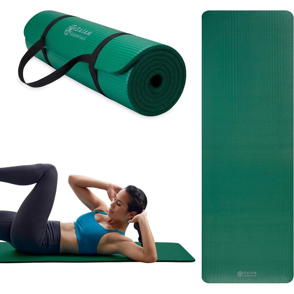 imageGaiam Essentials 25quot Thick 10mm Yoga ampamp Pilates Fitness ampamp Exercise Mat with EasyCinch Carrier Strap Cushion Support For Fitness and Gym WorkoutsGreen