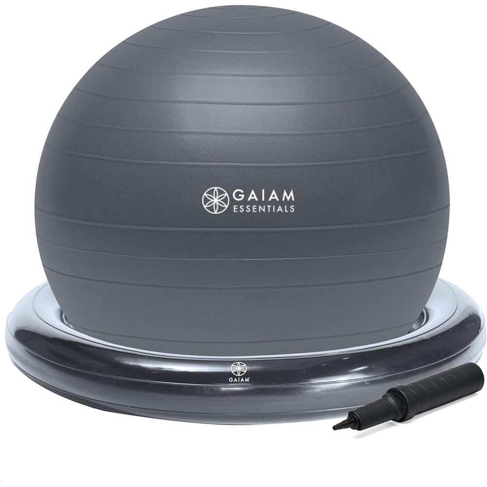 imageGaiam Essentials Balance Ball ampamp Base Kit 65cm Yoga Ball Chair Exercise Ball with Inflatable Ring Base for Home or Office Desk Includes Air PumpGrey