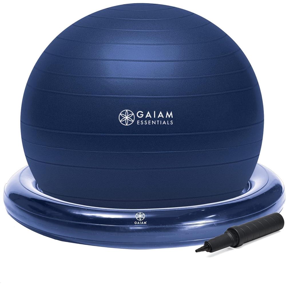 imageGaiam Essentials Balance Ball ampamp Base Kit 65cm Yoga Ball Chair Exercise Ball with Inflatable Ring Base for Home or Office Desk Includes Air PumpNavy