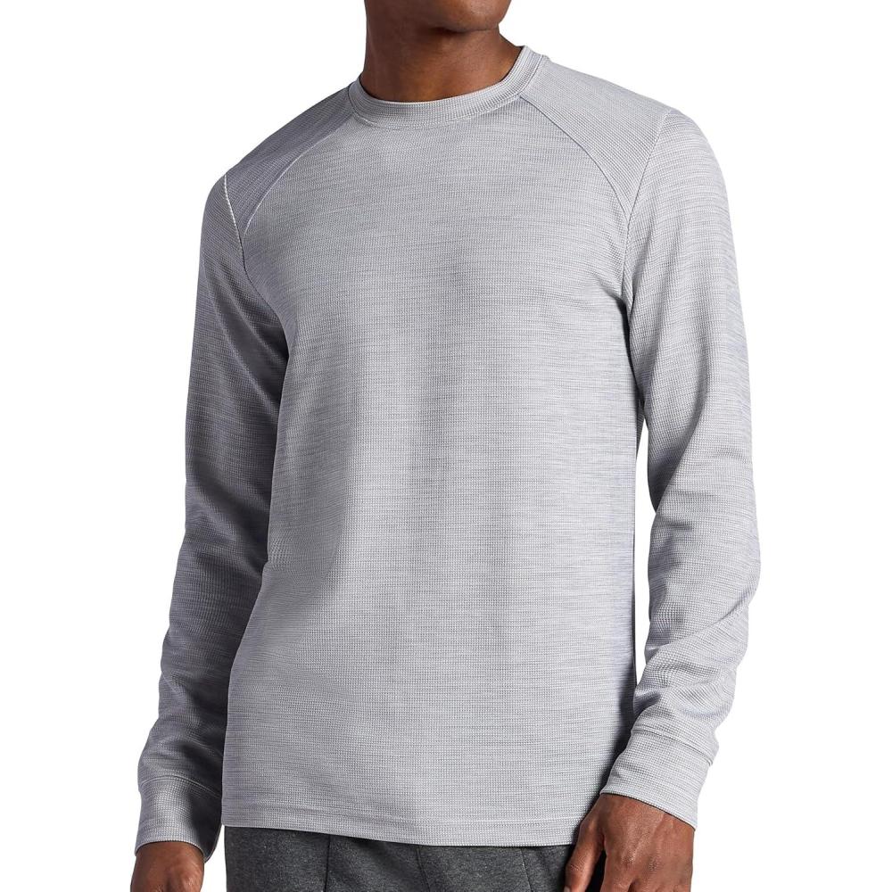 imageGaiam Mens Cozy ampamp Cool Long Sleeve Crewneck Top Standard Fit Stretch Midweight Micro Waffle Jacquard MaterialSleet Heather