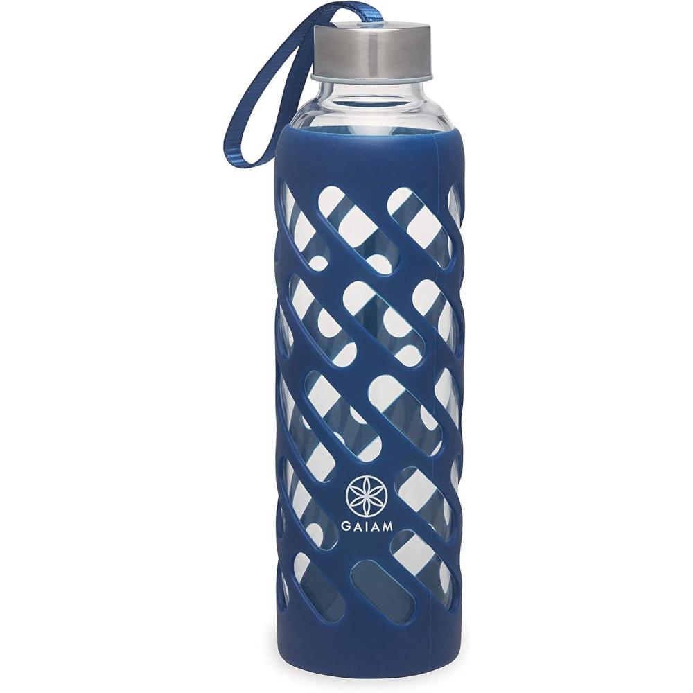 imageGaiam Water Bottle SureGrip Glass Bottle with Protective Silicone Sleeve 20 ozDenim