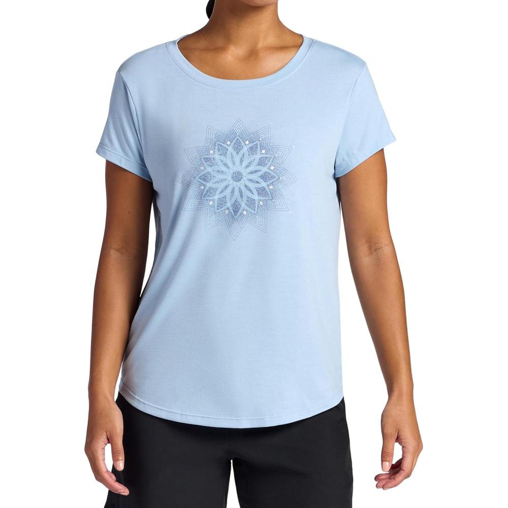 imageGaiam Womens Mindful Flower Moon Crewneck TShirt Relaxed Fit Stretch Lightweight Material Curved HemBlue Fog