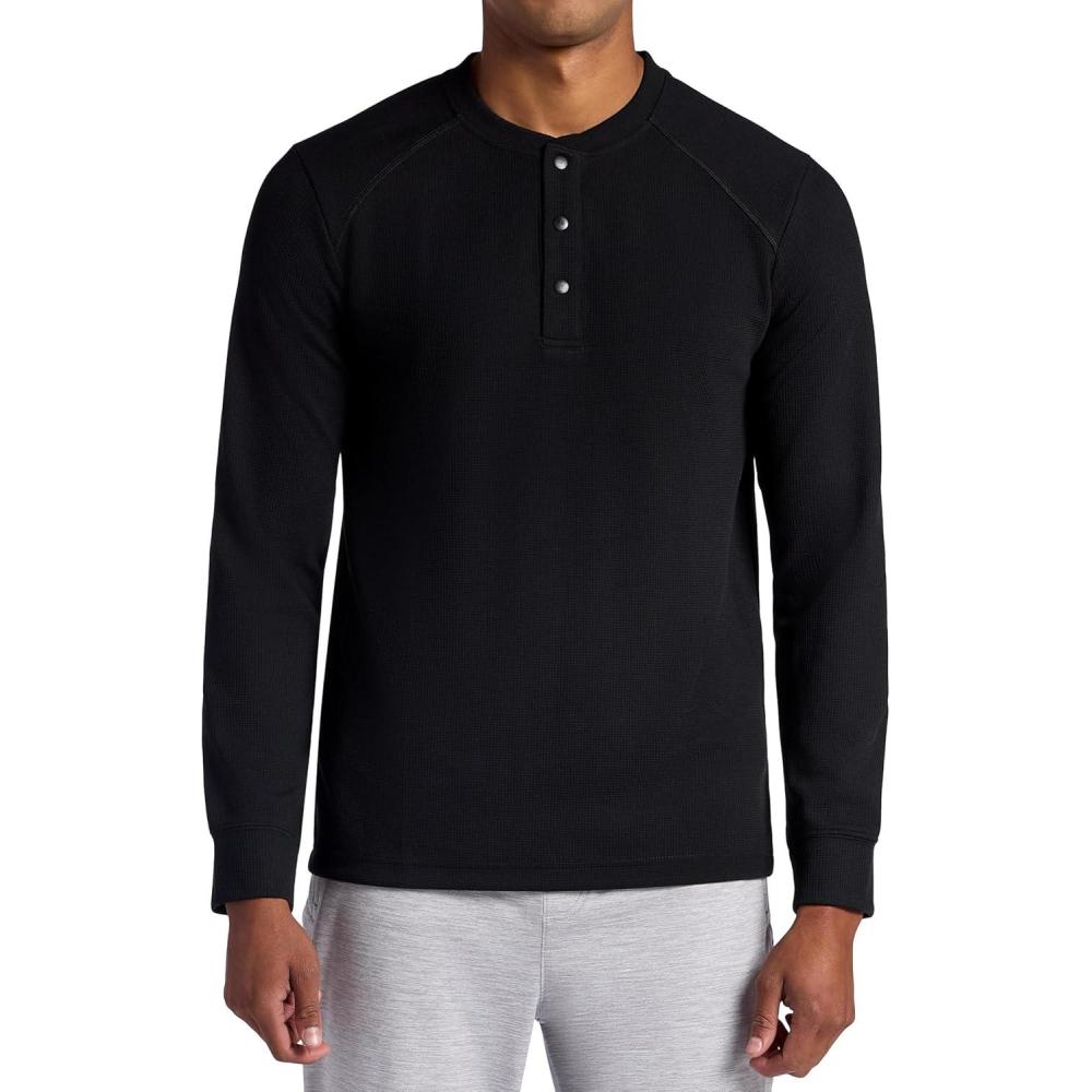 imageGaiam Mens Cozy ampamp Cool Henley Shirt Standard Fit Stretch Midweight Micro Waffle Jacquard MaterialBlack