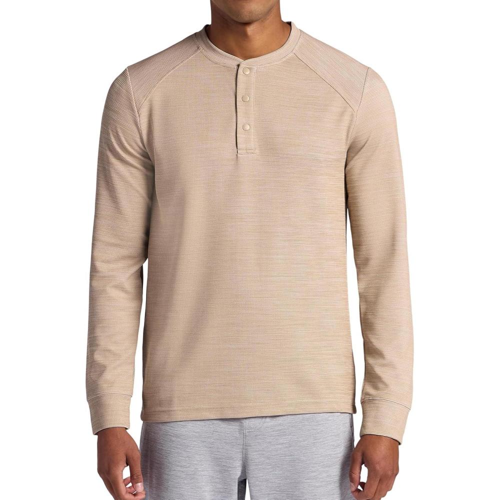imageGaiam Mens Cozy ampamp Cool Henley Shirt Standard Fit Stretch Midweight Micro Waffle Jacquard MaterialHumus Heather