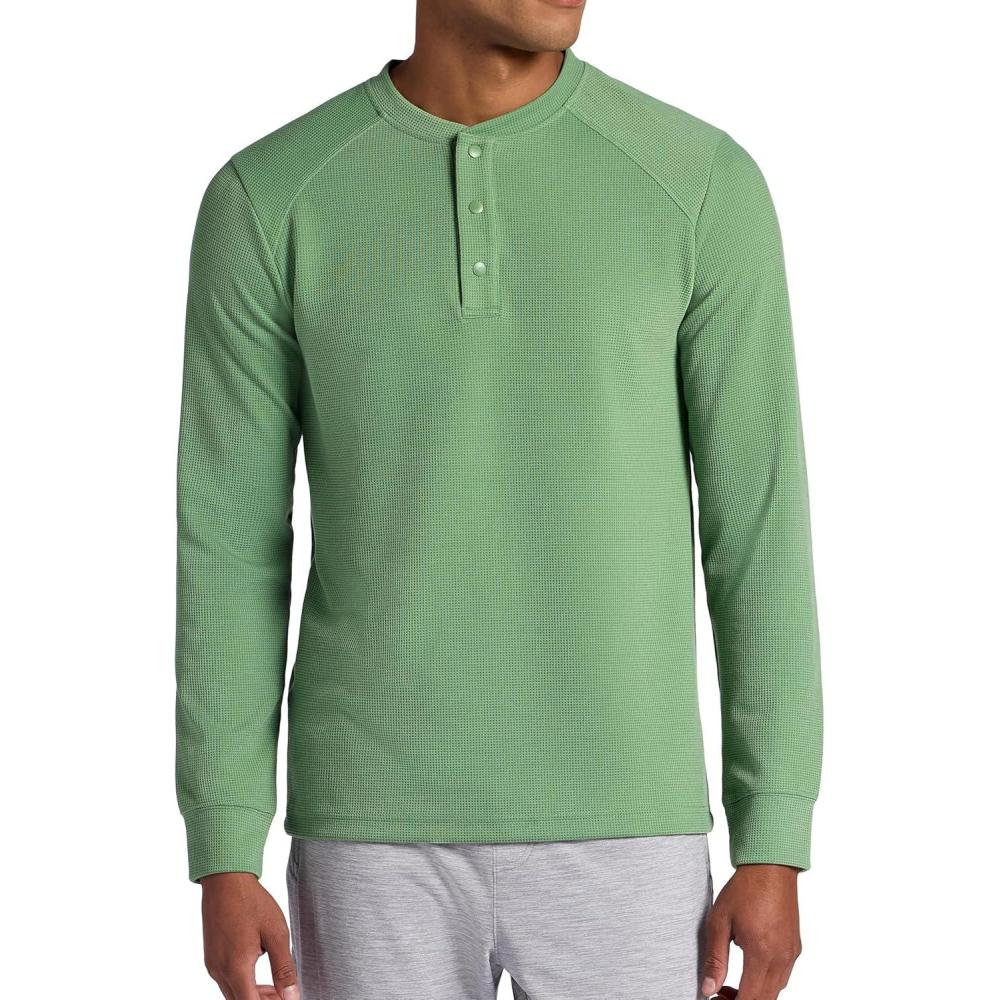 imageGaiam Mens Cozy ampamp Cool Henley Shirt Standard Fit Stretch Midweight Micro Waffle Jacquard MaterialLoden Frost