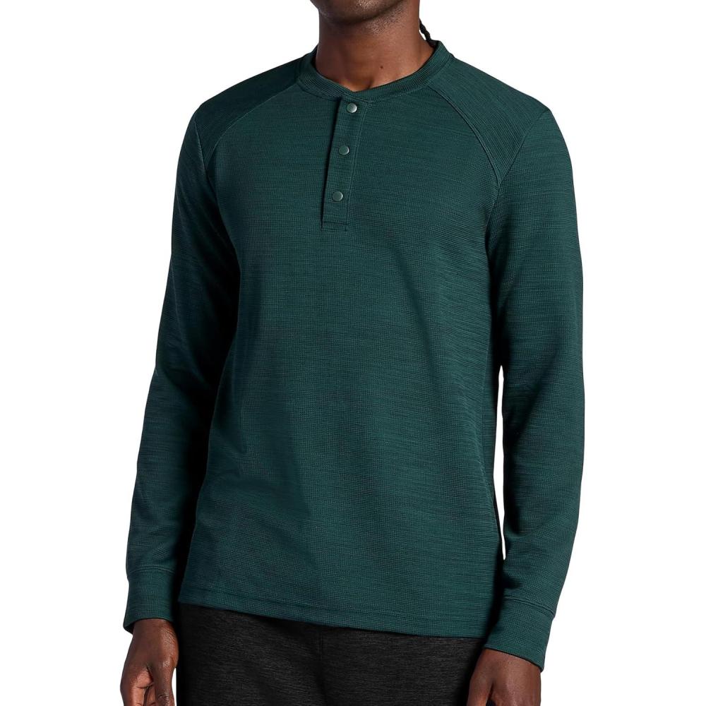 imageGaiam Mens Cozy ampamp Cool Henley Shirt Standard Fit Stretch Midweight Micro Waffle Jacquard MaterialPine Grove Heather
