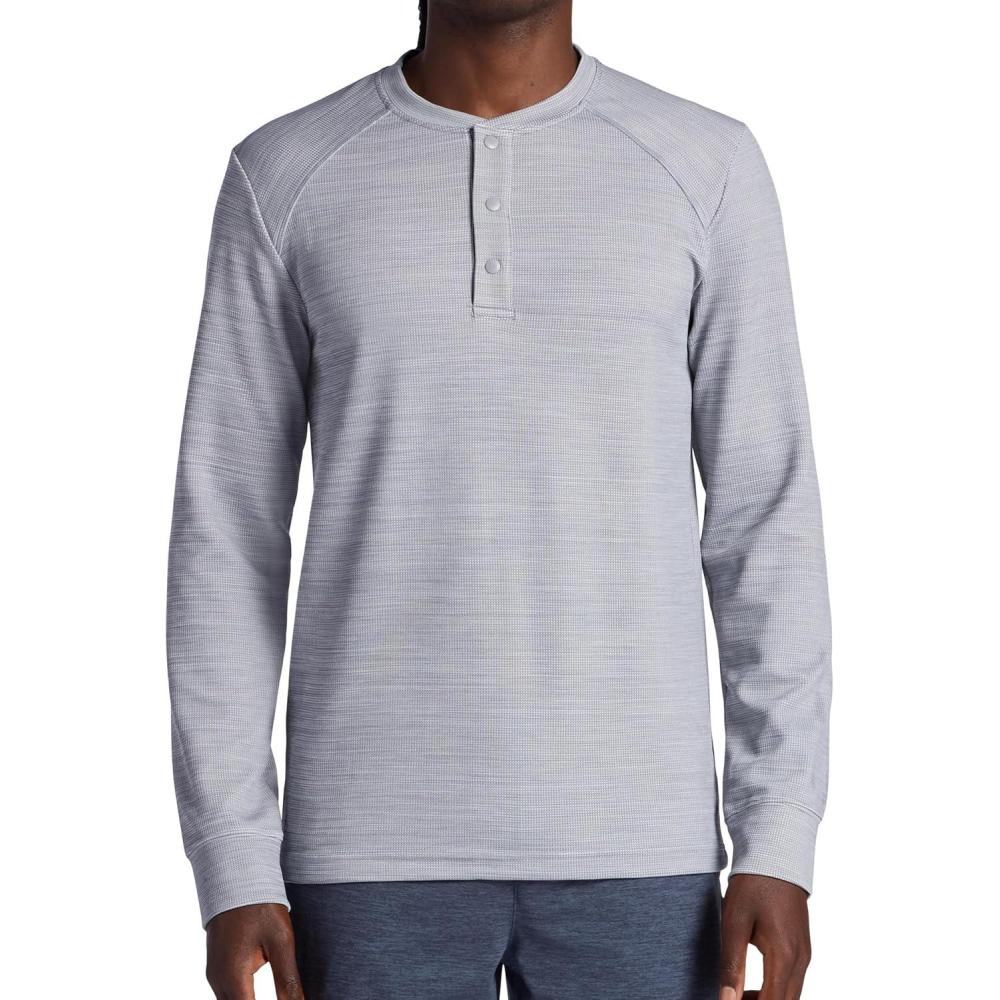 imageGaiam Mens Cozy ampamp Cool Henley Shirt Standard Fit Stretch Midweight Micro Waffle Jacquard MaterialSleet Heather