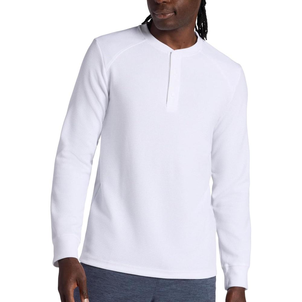 imageGaiam Mens Cozy ampamp Cool Henley Shirt Standard Fit Stretch Midweight Micro Waffle Jacquard MaterialStark White