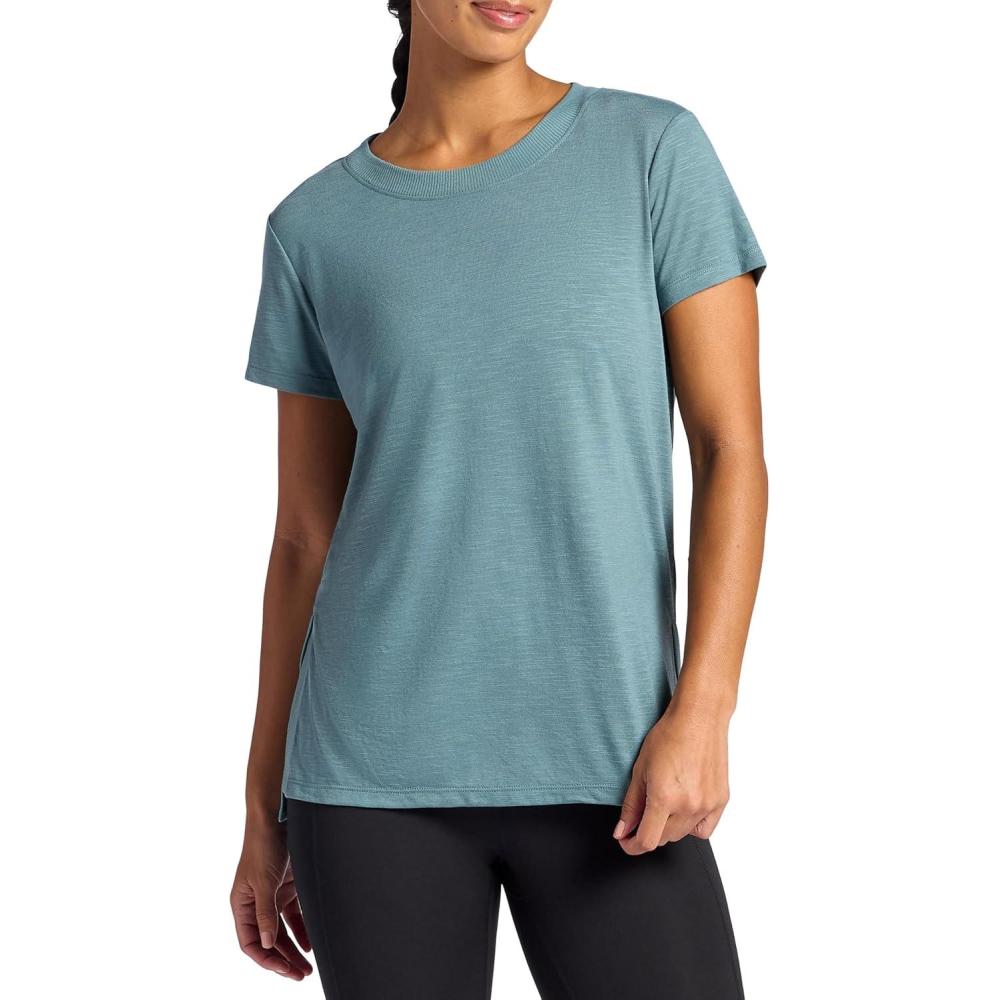 imageGaiam Womens Restore Rib Mix TShirt Relaxed Fit Lightweight Heathered Material HighLow HemGoblin Blue