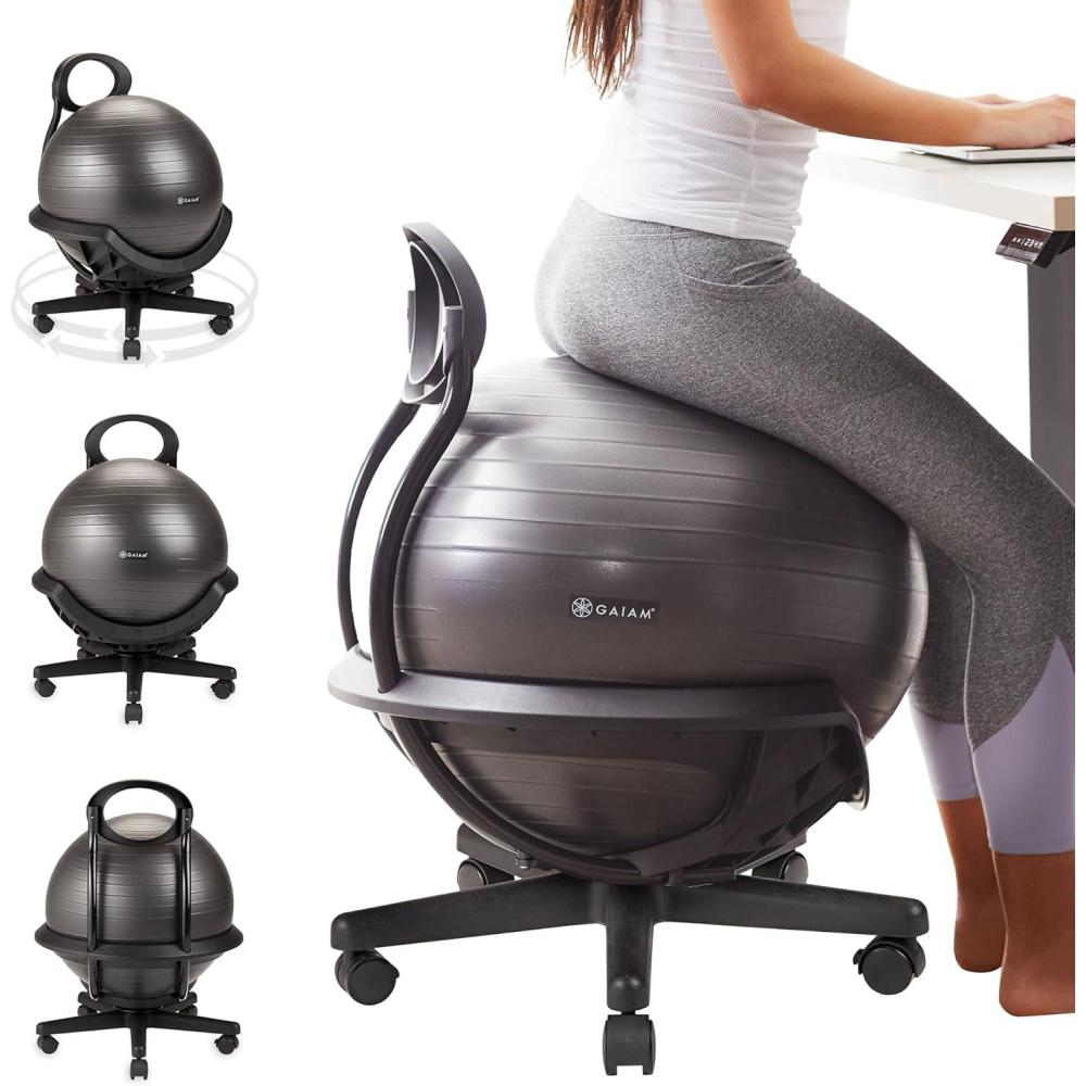 imageGaiam Classic Backless Balance Ball Chair Exercise Stability Yoga Ball Premium Ergonomic Chair for Home and Office Desk with Air Pump Exercise Guide and Satisfaction Guarantee BlueSwivel Base Black