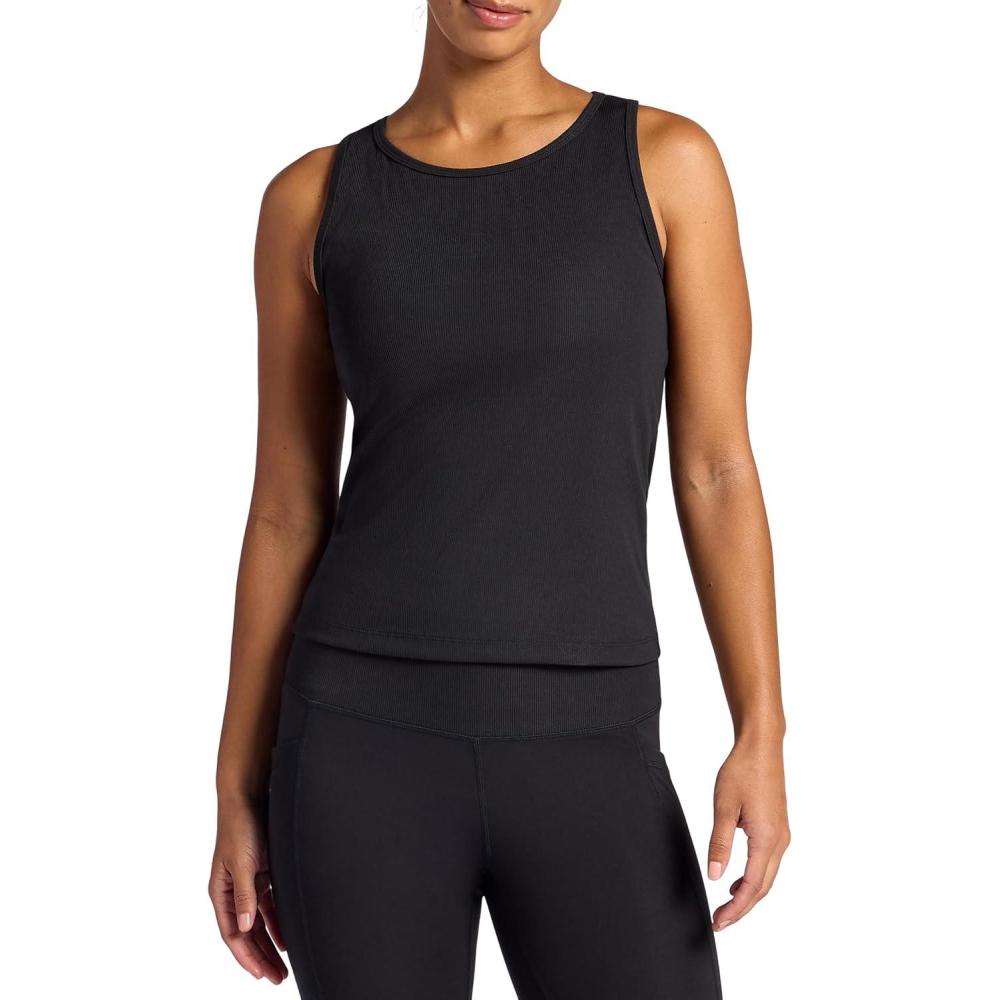 imageGaiam Womens Ribbed Crewneck Tank Top Cropped Fit Stretch Midweight Material MoistureWickingBlack Tap Shoe