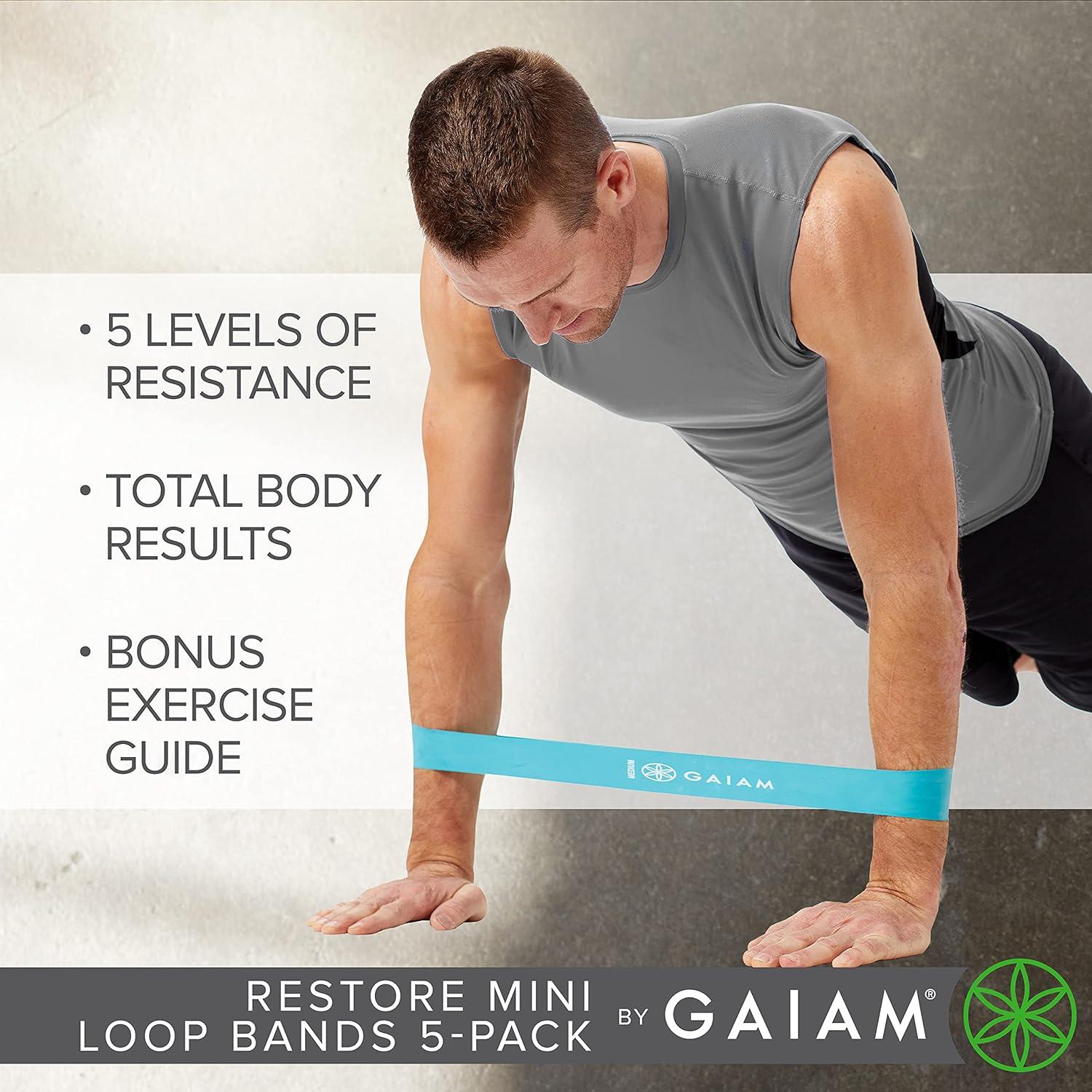 imageGaiam Restore Mini Resistance Loop Bands 5 Pack Booty Bands with 5 Resistance Levels Loop Resistance Bands for Exercise and Rehab Includes Guide and Carry Bag