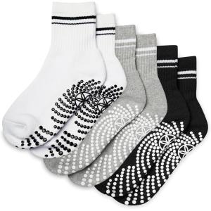 Gaiam Grippy Crew Socks with Silicone Grip Non-Slip Socks for Pilates, Yoga, Barre & Dance | Cotton Blend | 2-Pack or 3-Pack(3 Pack – White/Grey/Black)