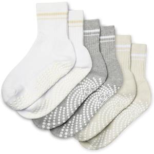 Gaiam Grippy Crew Socks with Silicone Grip Non-Slip Socks for Pilates, Yoga, Barre & Dance | Cotton Blend | 2-Pack or 3-Pack(3 Pack – White/Grey/Oat)