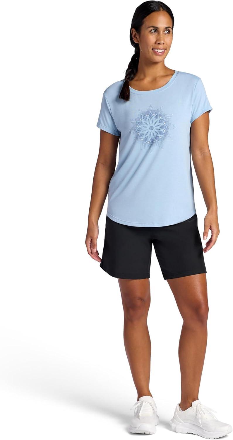 imageGaiam Womens Mindful Flower Graphic Crewneck TShirt Relaxed Fit Stretch Lightweight Material Curved HemBlue Fog Moon
