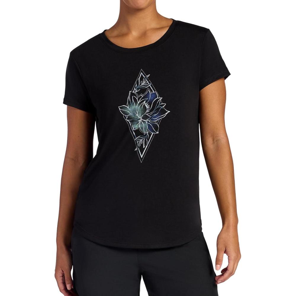imageGaiam Womens Mindful Flower Graphic Crewneck TShirt Relaxed Fit Stretch Lightweight Material Curved HemBlack Tap Shoe  Diamond