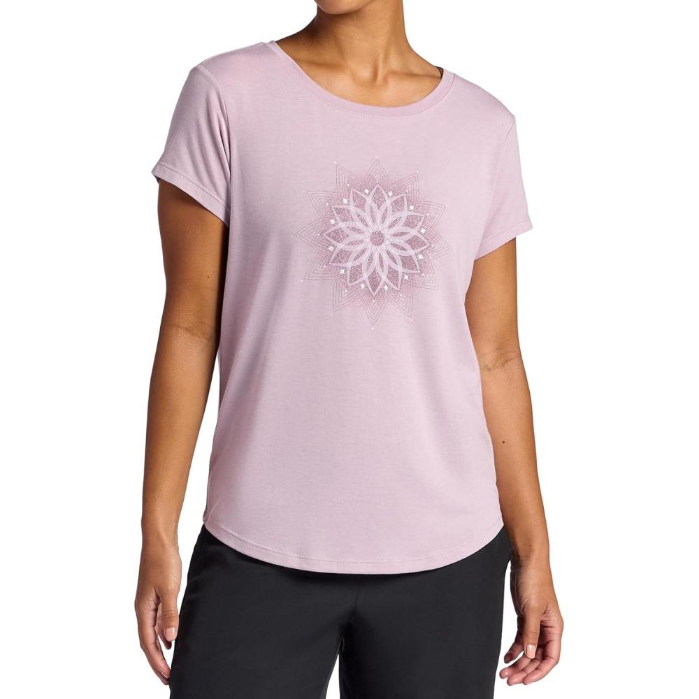 imageGaiam Womens Mindful Flower Graphic Crewneck TShirt Relaxed Fit Stretch Lightweight Material Curved HemSea Fog  Moon