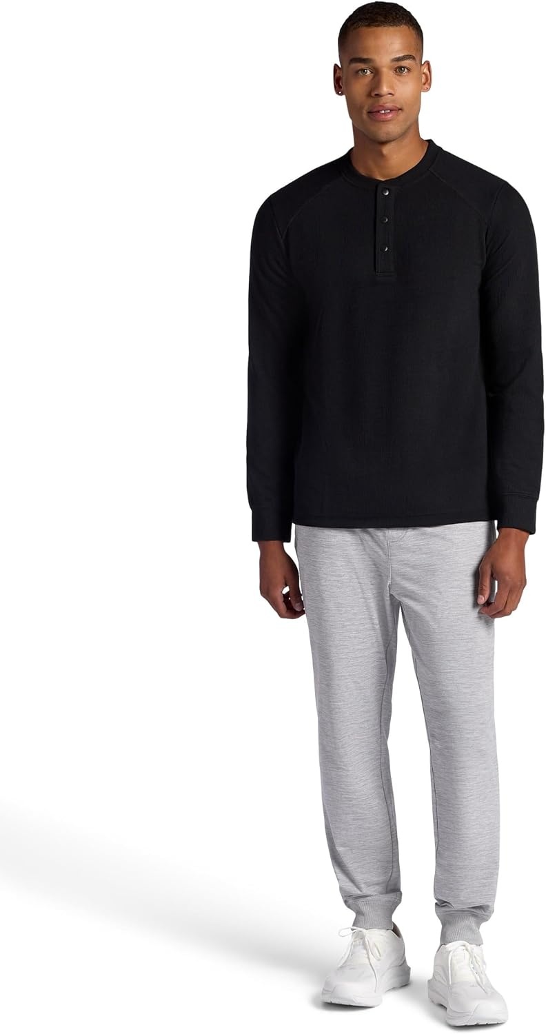 image:imageGaiam Mens Cozy amp Cool Henley Shirt Standard Fit Stretch Midweight Micro Waffle Jacquard MaterialBlack